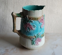 vintage Majolica pitcher with lilac flowers, antique