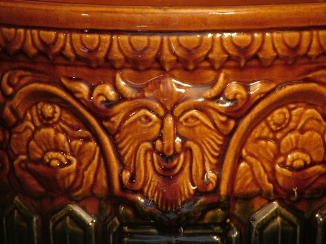 Brush-McCoy Jardiniere with satyr face, majolica planter, detail