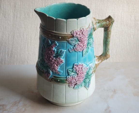 vintage Majolica pitcher with lilac flowers