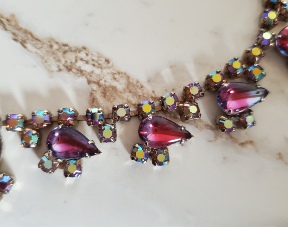 variegated purple pink teardrop cabochon and ab rhinestone necklace, detail