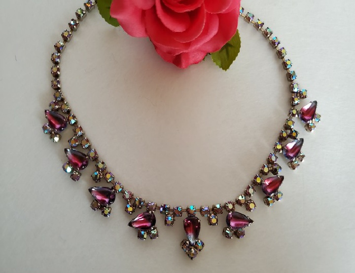 variegated purple pink teardrop cabochon and aurora borealis rhinestone necklace