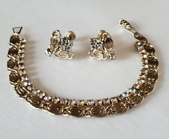 aurora borealis and gold-tone clip earrings and bracelet demi-parure