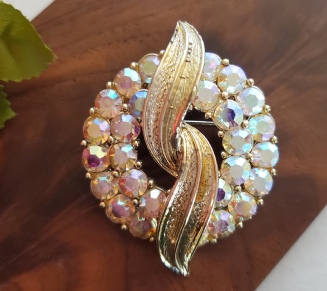 Coro wreath brooch with aurora borealis rhinestones, gold-tone