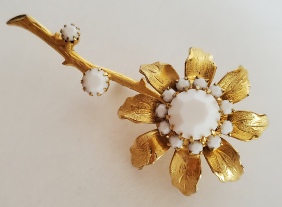 milk glass gold tone flower pin