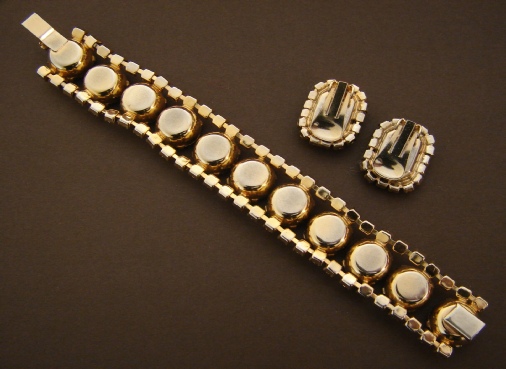 chunky deep amber large rhinestones gold tone bracelet and clip earrings, possibly Juliana, back