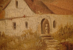 landscape oil painting with waterfall and woman