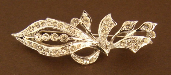 clear rhinestone leaf silver-tone brooch