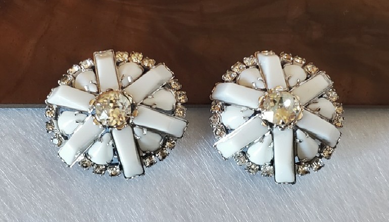 rhinestone and milk glass clip earrings
