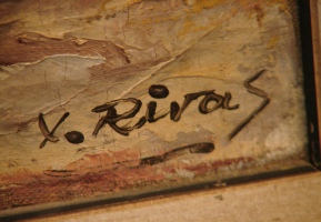 painting of old village, Impressionistic style oil painting signed X Rivas, signature