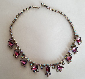 variegated purple teardrop cabochon and ab rhinestone necklace