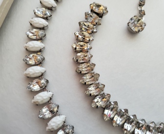 Weiss rhinestone bracelet and milk glass and rhinestone necklace detail